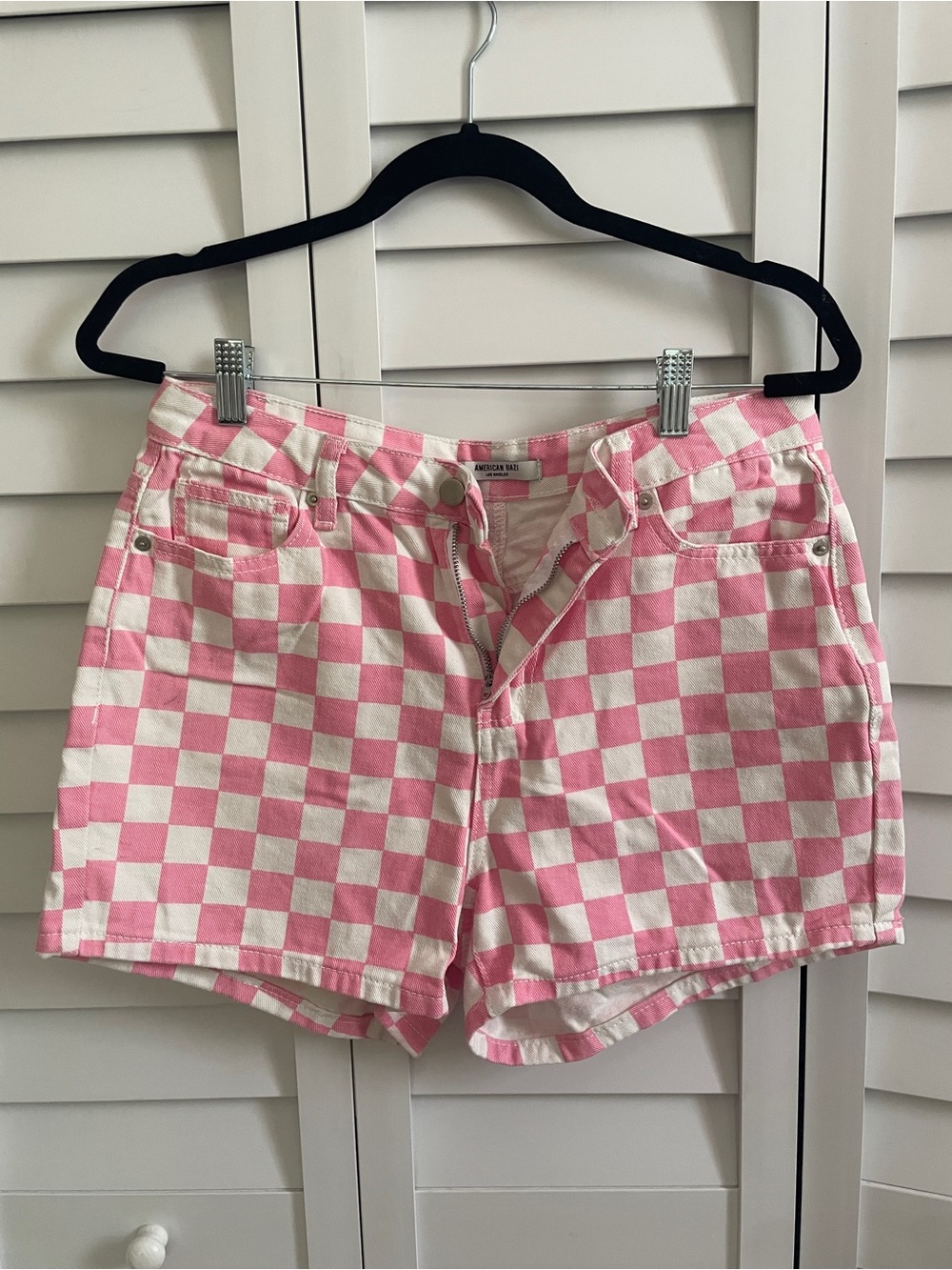 100% Cotton Pink-and-White Checkered Denim Shorts